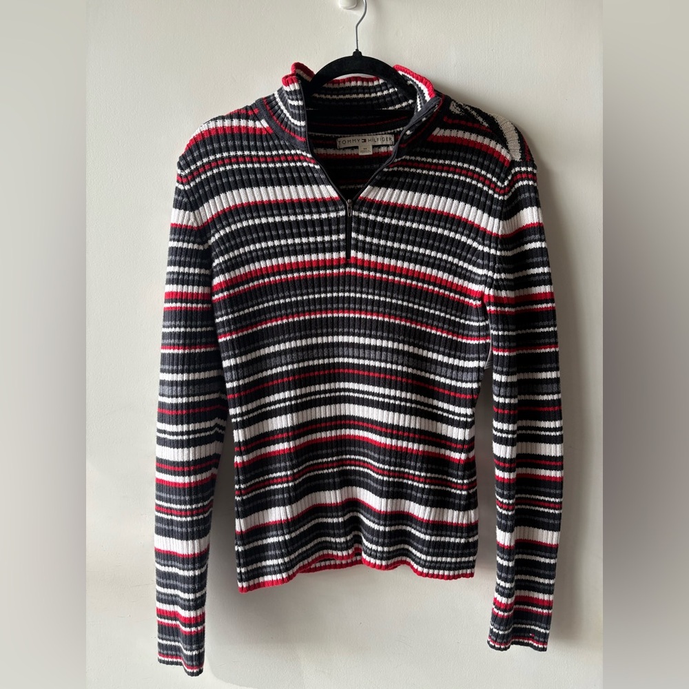 Vintage Tommy Hilfiger Black and Red Striped Sweater